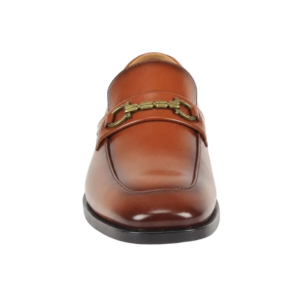 A single brown leather loafer with a gold-tone horsebit detail across the vamp, shown from a front-facing perspective on a white background.