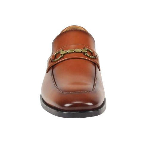 A single brown leather loafer with a gold-tone horsebit detail across the vamp, shown from a front-facing perspective on a white background.