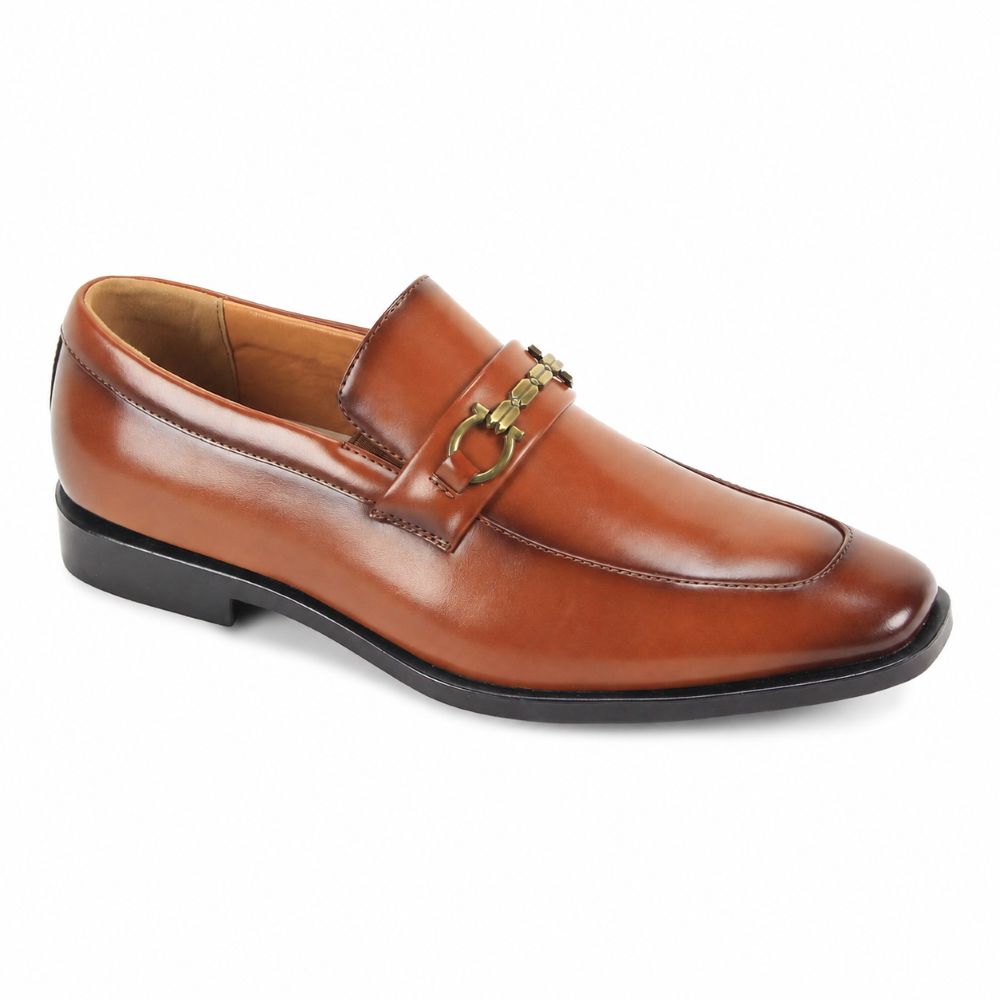 A single men's brown leather loafer with a decorative gold-tone horsebit detail across the vamp and a black sole, shown on a plain white background.