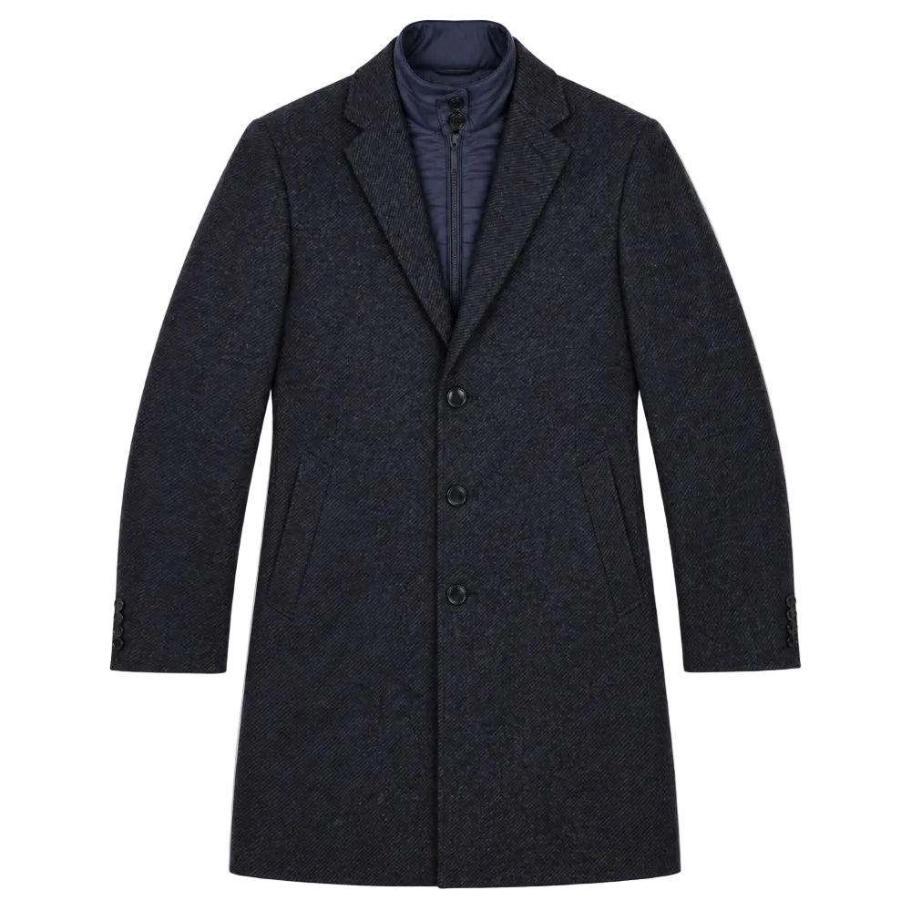 Slim Fit Wool Blend Overcoat with Bib - Navy