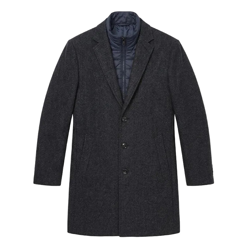 Slim Fit Wool Blend Overcoat with Bib - Navy