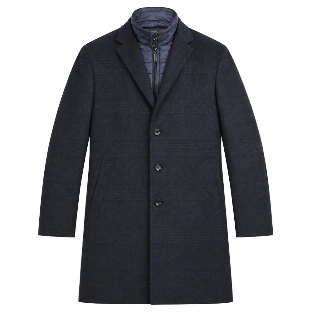 Slim Fit Wool Blend Overcoat with Bib - Blue