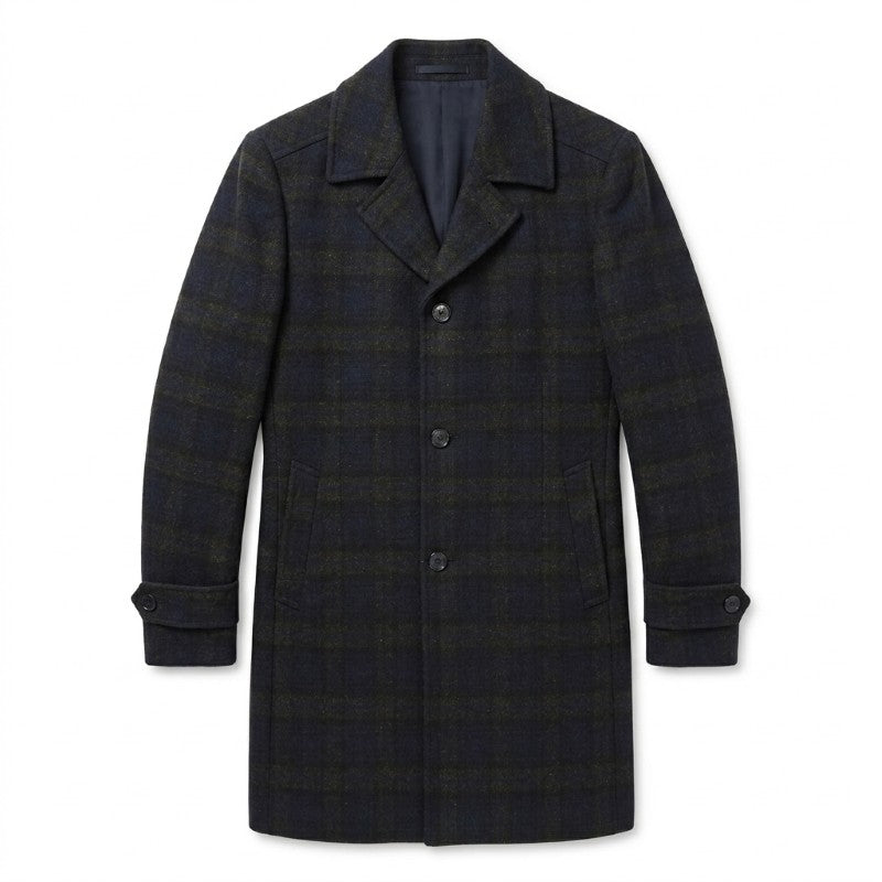 Navy Slim Fit Wool Blended Long Overcoat