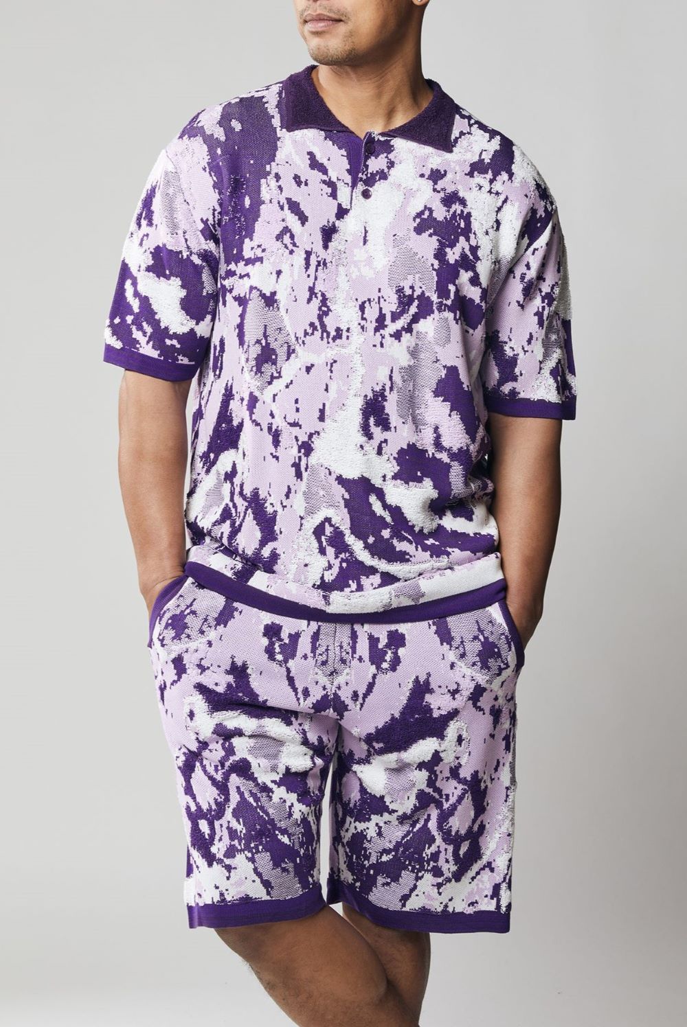 Stacy Adams - Men's Purple Abstract Knit Polo Short Set
