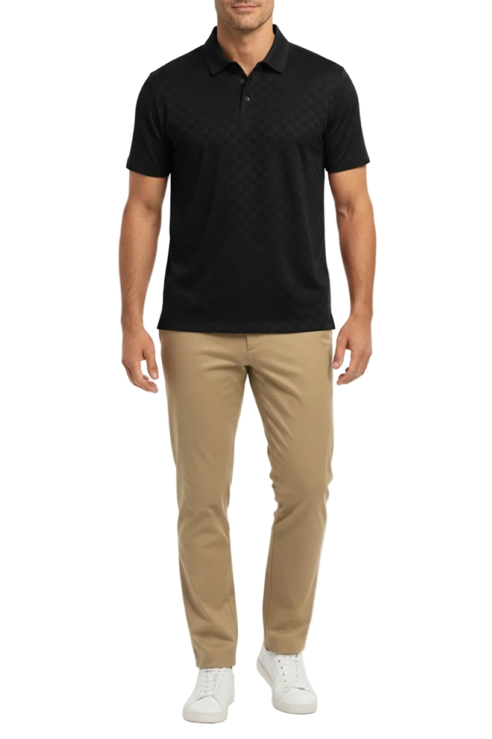 Man wearing a black polo shirt and beige pants on a white background