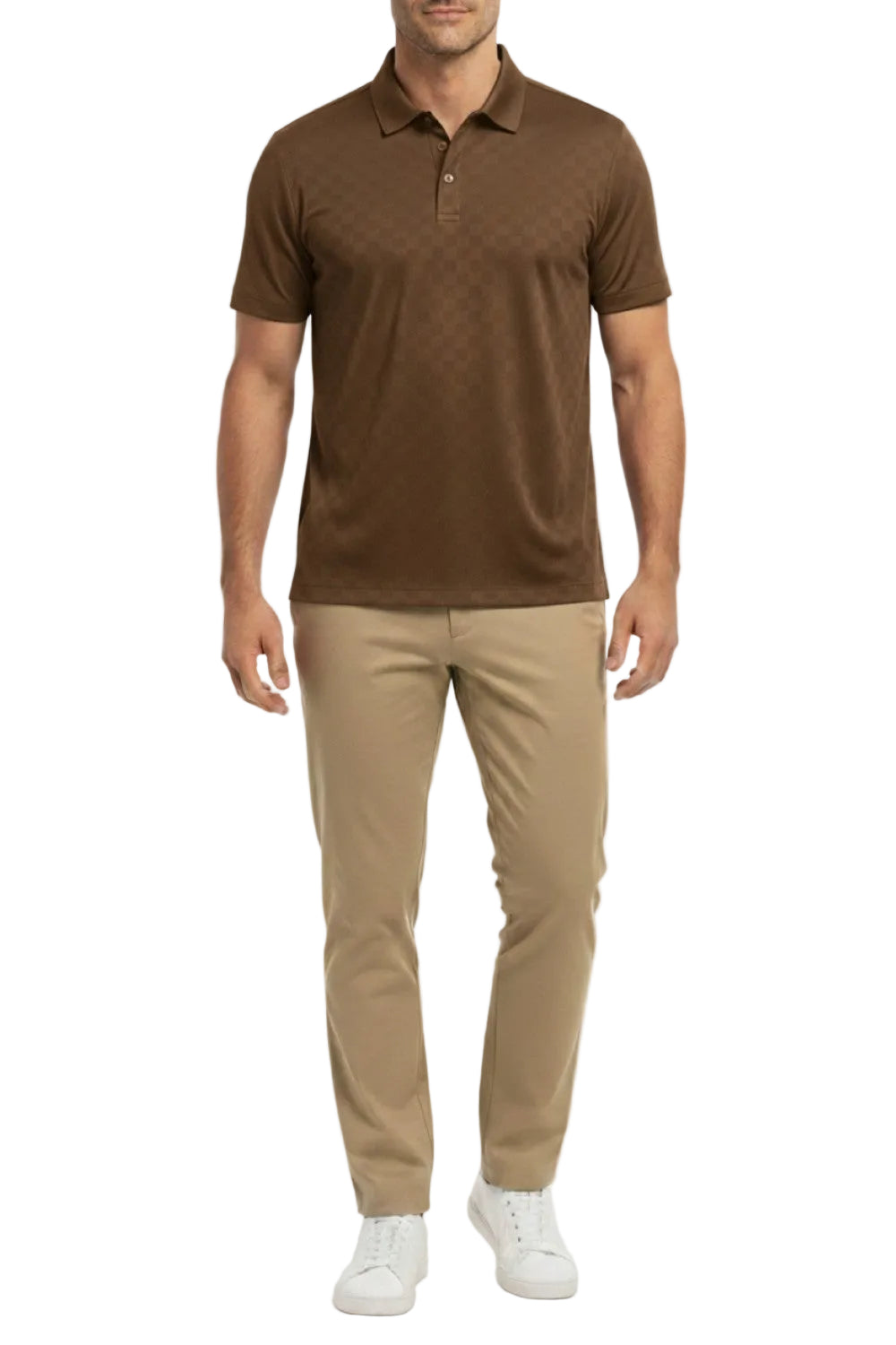 Man wearing a brown polo shirt and beige pants on a white background