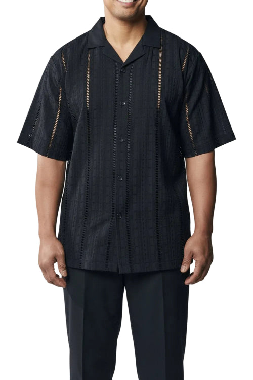 Black men's two piece linen walking suit with short sleeve shirt and long pants