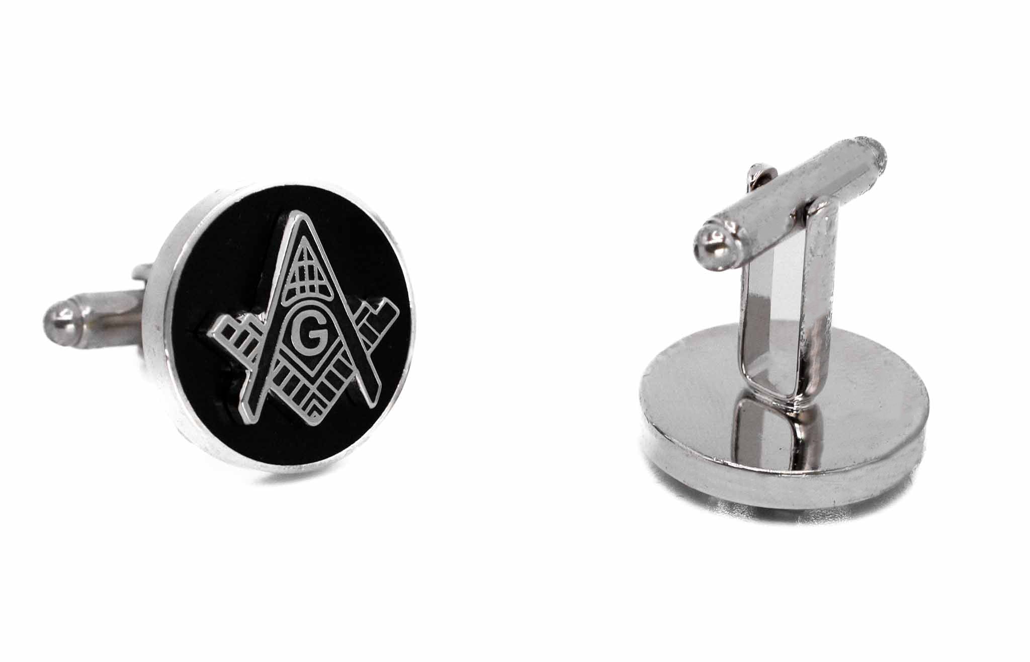 Freemasonry Silver on Black Men's Round Cuff Links Accessory Box