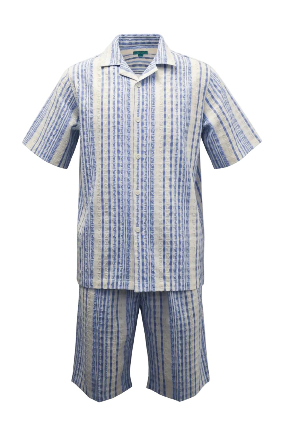 Blue and white checkered shirt and shorts set on a white background