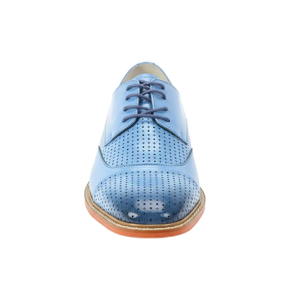 Blue perforated leather shoe on a white background