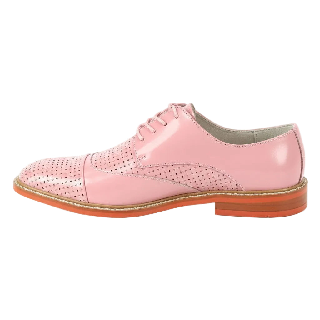 Pink leather shoe with brown sole on a white background