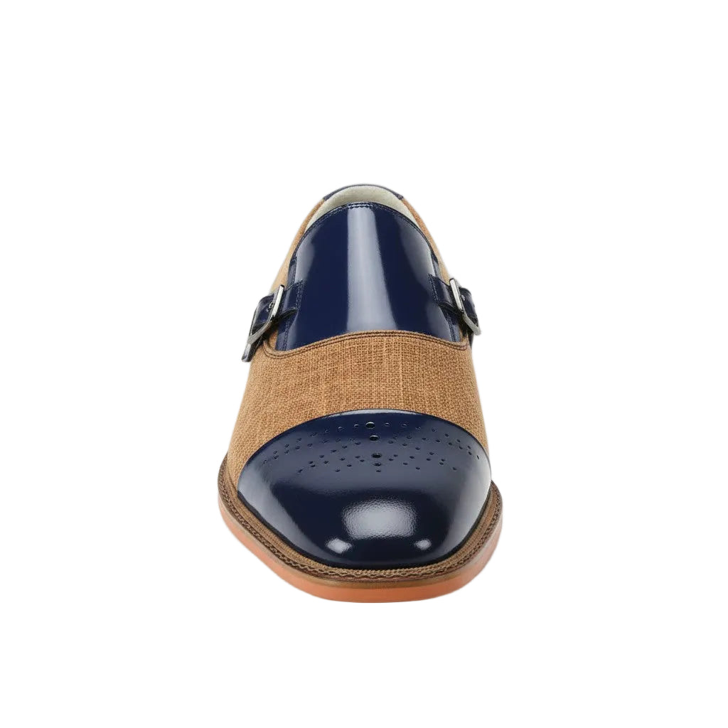 Cobalt blue and tan shoe on a white background