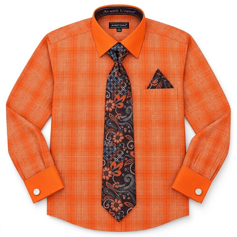 An orange plaid long-sleeve dress shirt with a matching orange pocket square and a dark paisley necktie, displayed on a white background.
