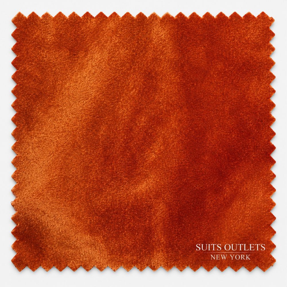 A square swatch of textured orange-brown fabric with serrated edges, shown on a light gray background. White text in the lower right reads 'SUITS OUTLETS NEW YORK'.