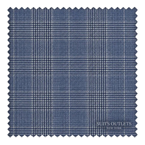 A square fabric swatch with a blue and white plaid pattern, featuring serrated edges and a 'SUITS OUTLETS NEW YORK' logo printed in the bottom right corner.