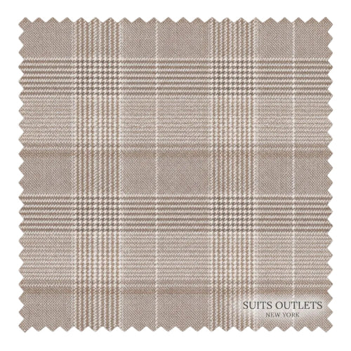 A fabric swatch with a beige and brown plaid pattern, featuring serrated edges and a 'Suits Outlets New York' logo printed in the bottom right corner.