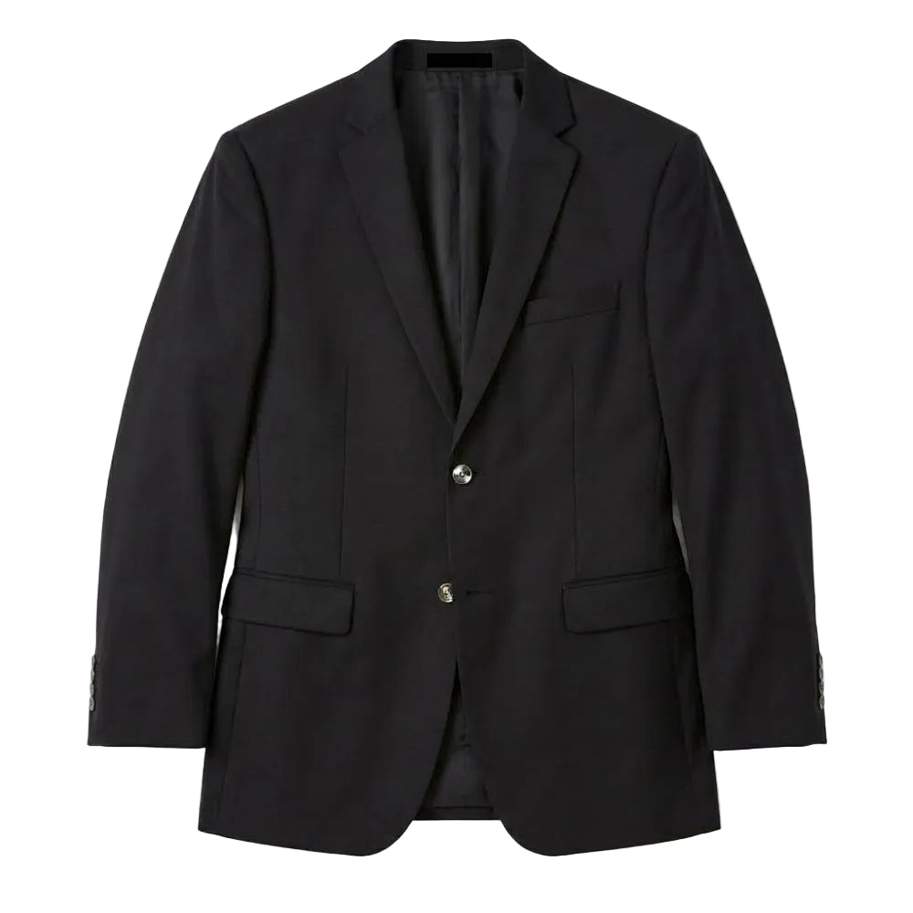 A black single-breasted blazer jacket with notch lapels, two front flap pockets, and two front buttons, displayed flat against a plain white background.