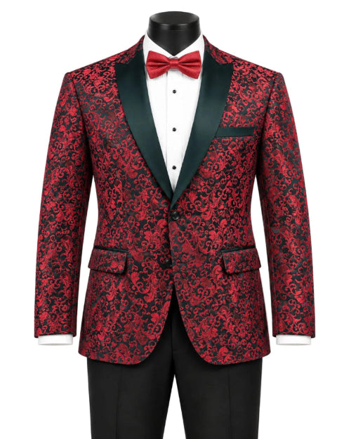 Red Regular Fit Floral Pattern Jacket Peak Lapel