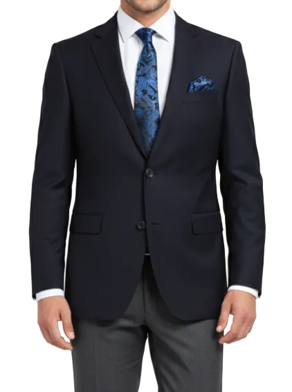 Solid Renoir Regular Fit Midnight Navy Wool Blazer, shown with a tie and collar.