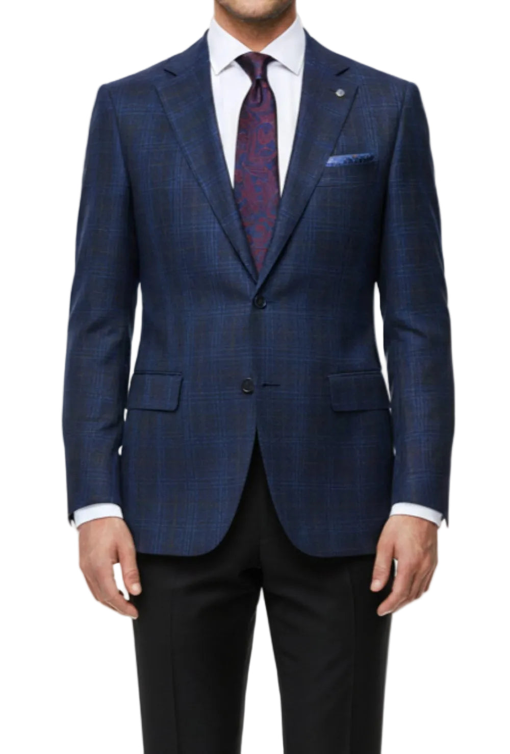 Blue checkered suit jacket with a patterned tie on a white background