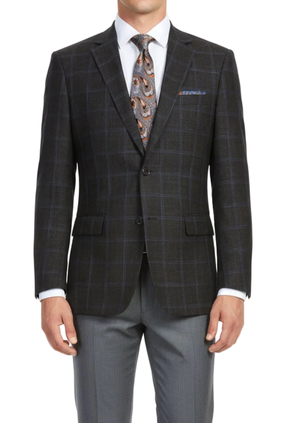 Gray checkered suit jacket with gray pants on a white background