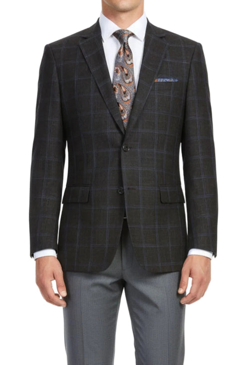 Gray checkered suit jacket with gray pants on a white background