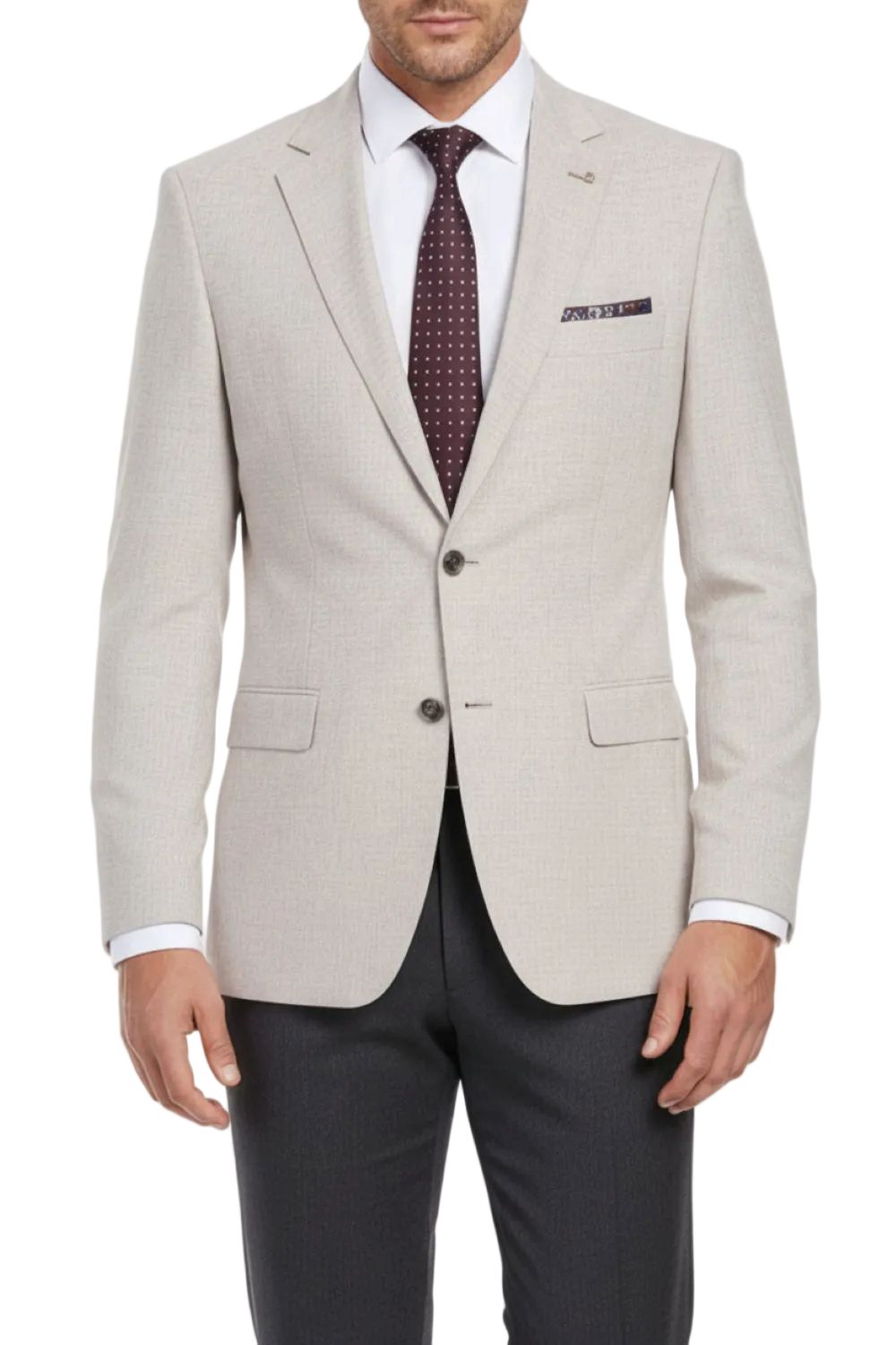 Light gray suit jacket with a patterned tie on a white background
