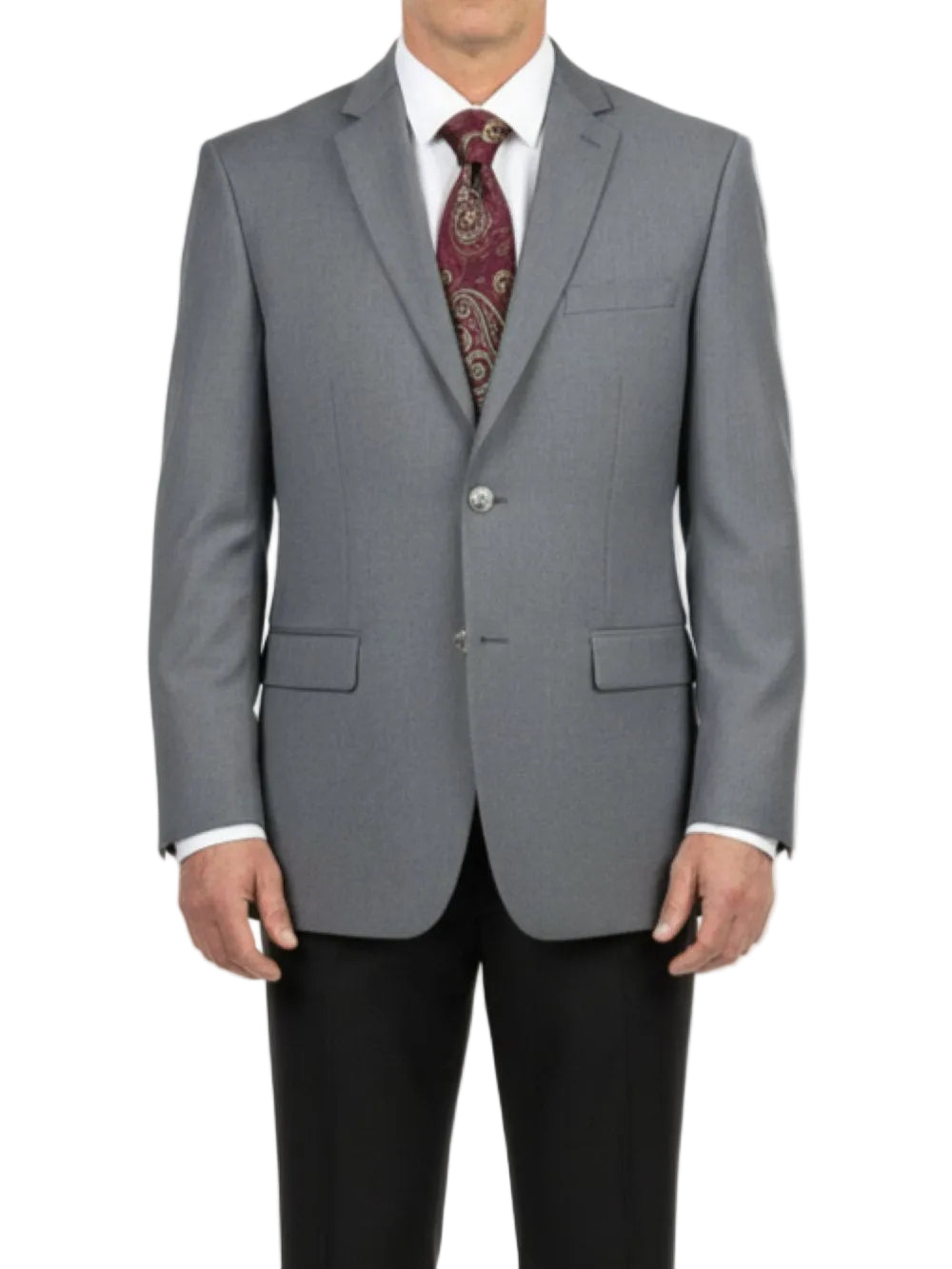 Gray suit jacket with a white shirt and red paisley tie on a white background