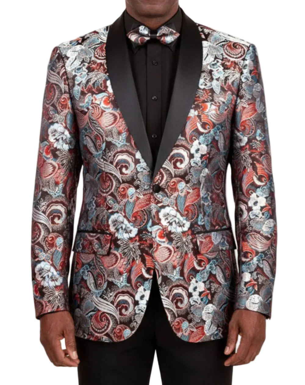 Patterned tuxedo jacket with black lapels on a white background