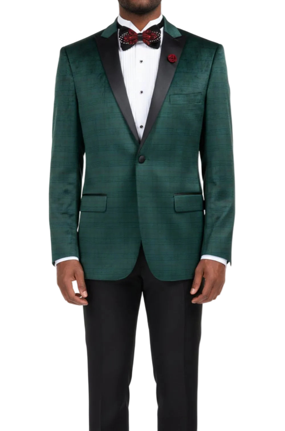 Green tuxedo with black lapels and a red bow tie on a white background