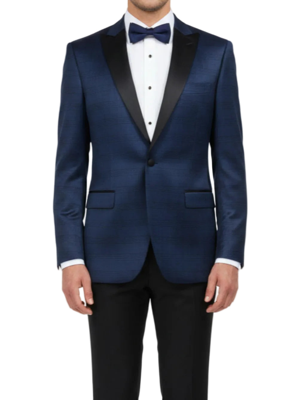Blue tuxedo with black lapels on a white background