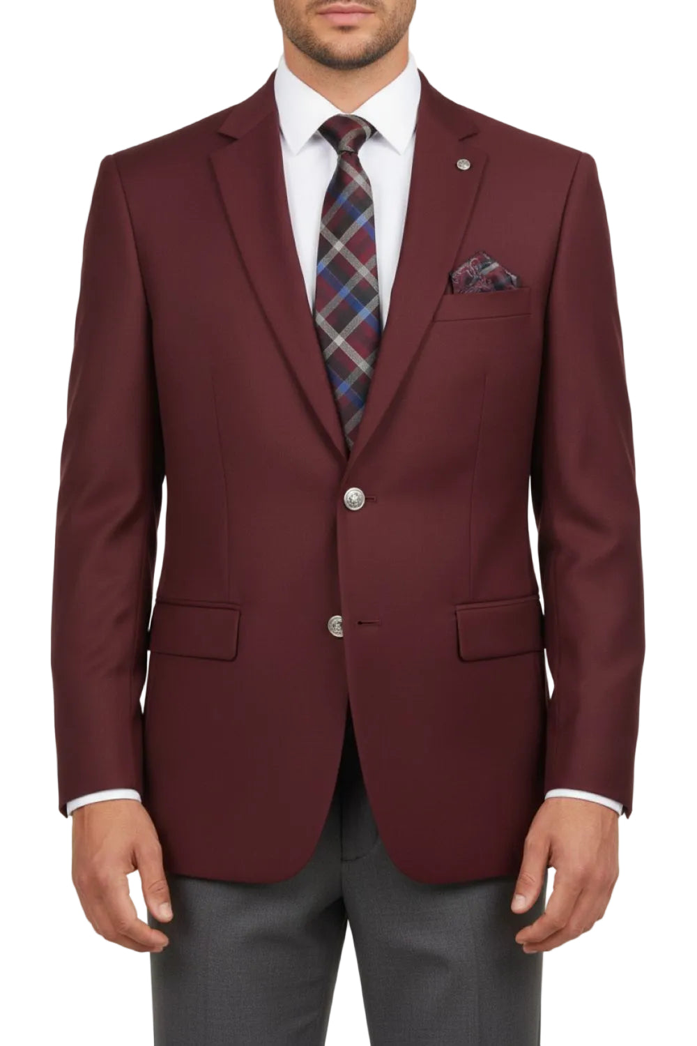 Maroon suit jacket with plaid tie and pocket square on a white background