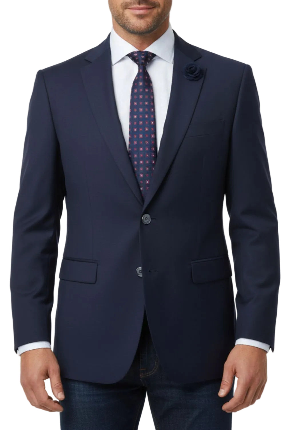 Navy blue suit with a patterned tie on a white background