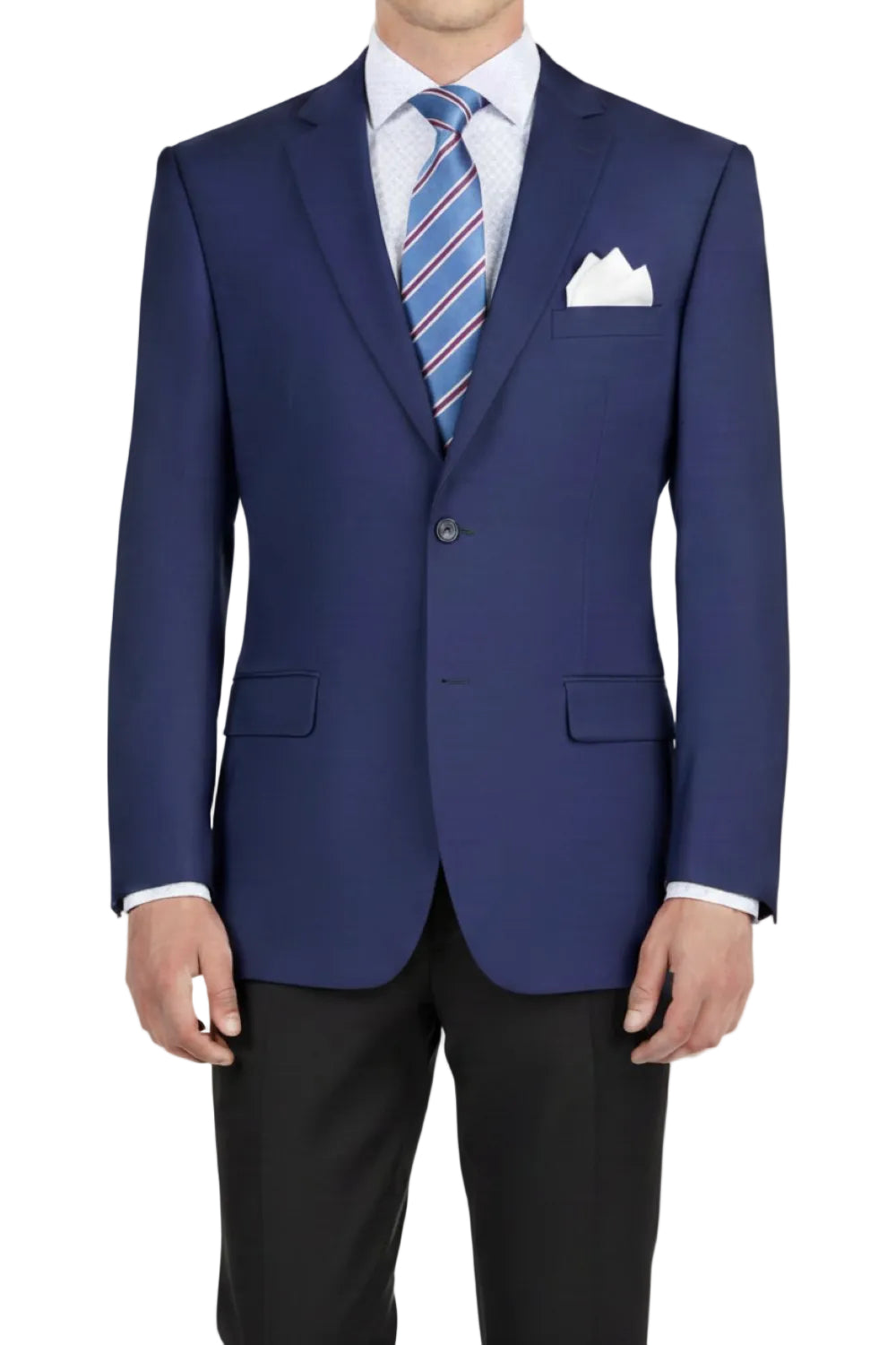 Blue suit jacket with a striped tie and white pocket square on a white background