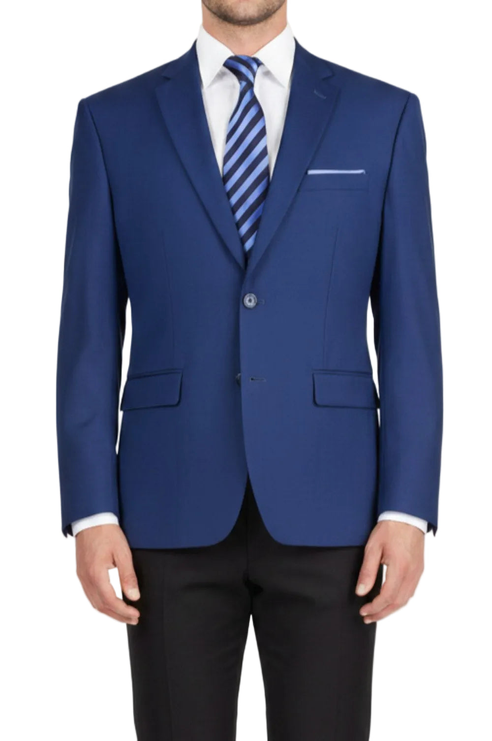 Blue suit jacket with a white shirt and striped tie on a white background