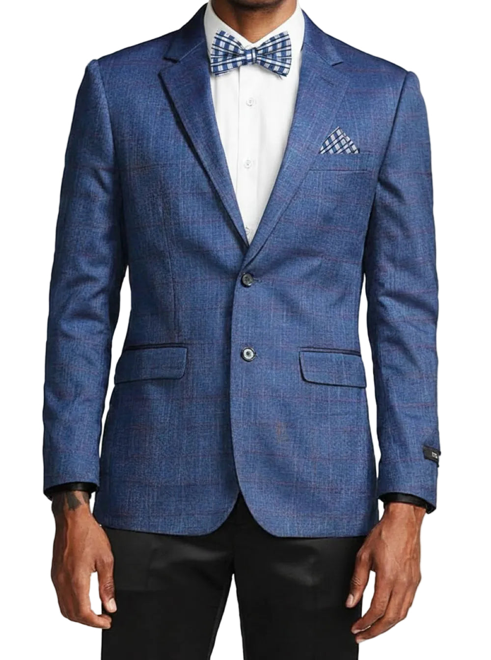 Blue suit jacket with a white shirt and patterned bow tie on a white background