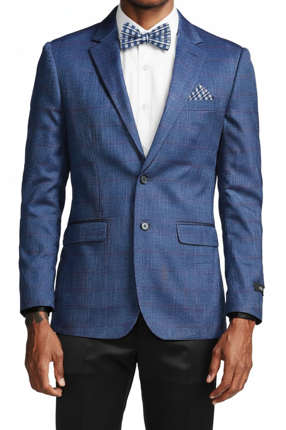 Blue checkered blazer with a white shirt and black pants on a white background