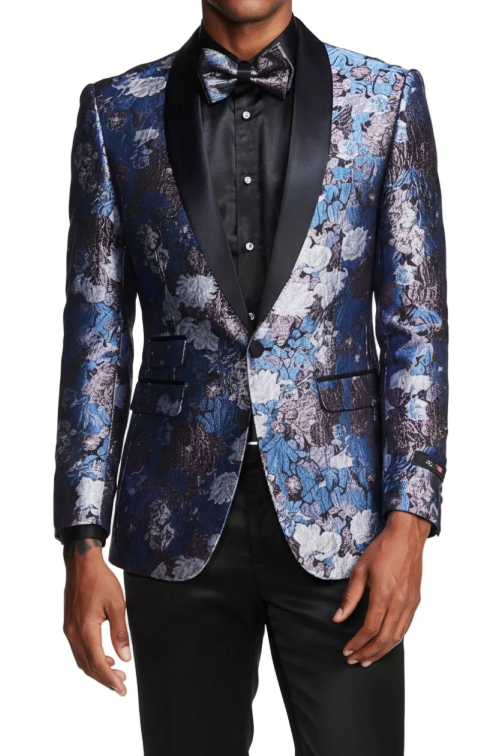 Floral patterned tuxedo jacket with black lapels and a bow tie on a white background