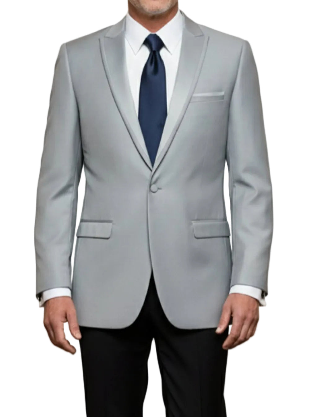 Gray suit jacket with a blue tie on a white background
