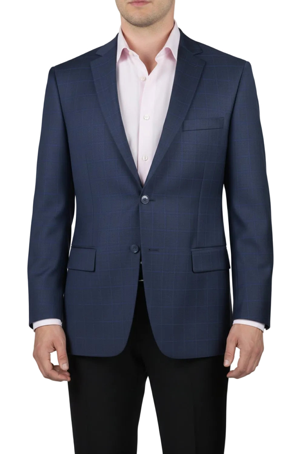 Blue suit jacket worn by a person on a white background