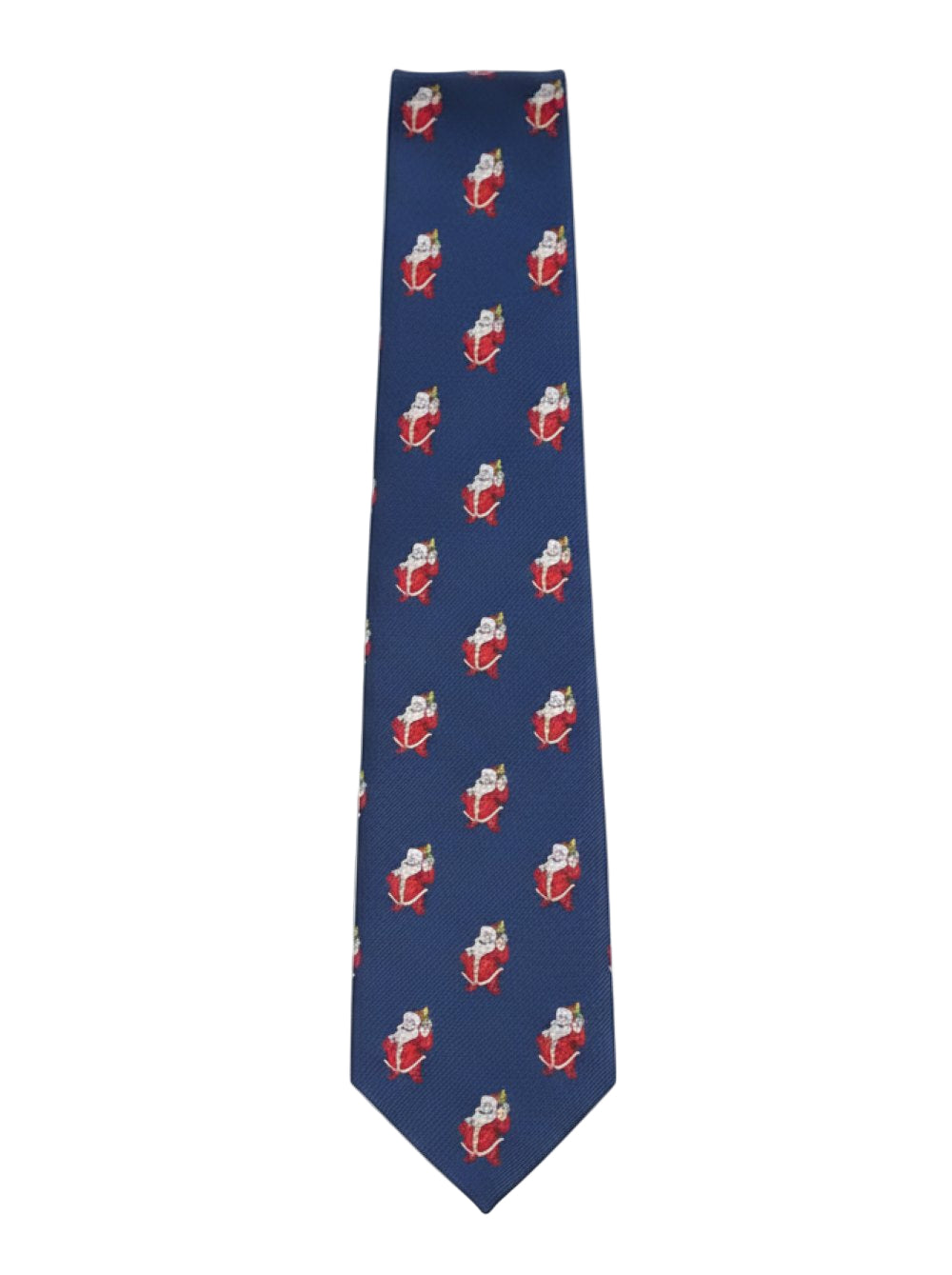 Navy blue tie with red and white pattern on a white background