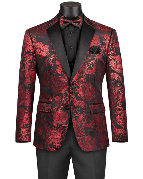 Red Modern Fit Velvet Jacket Metallic Design
