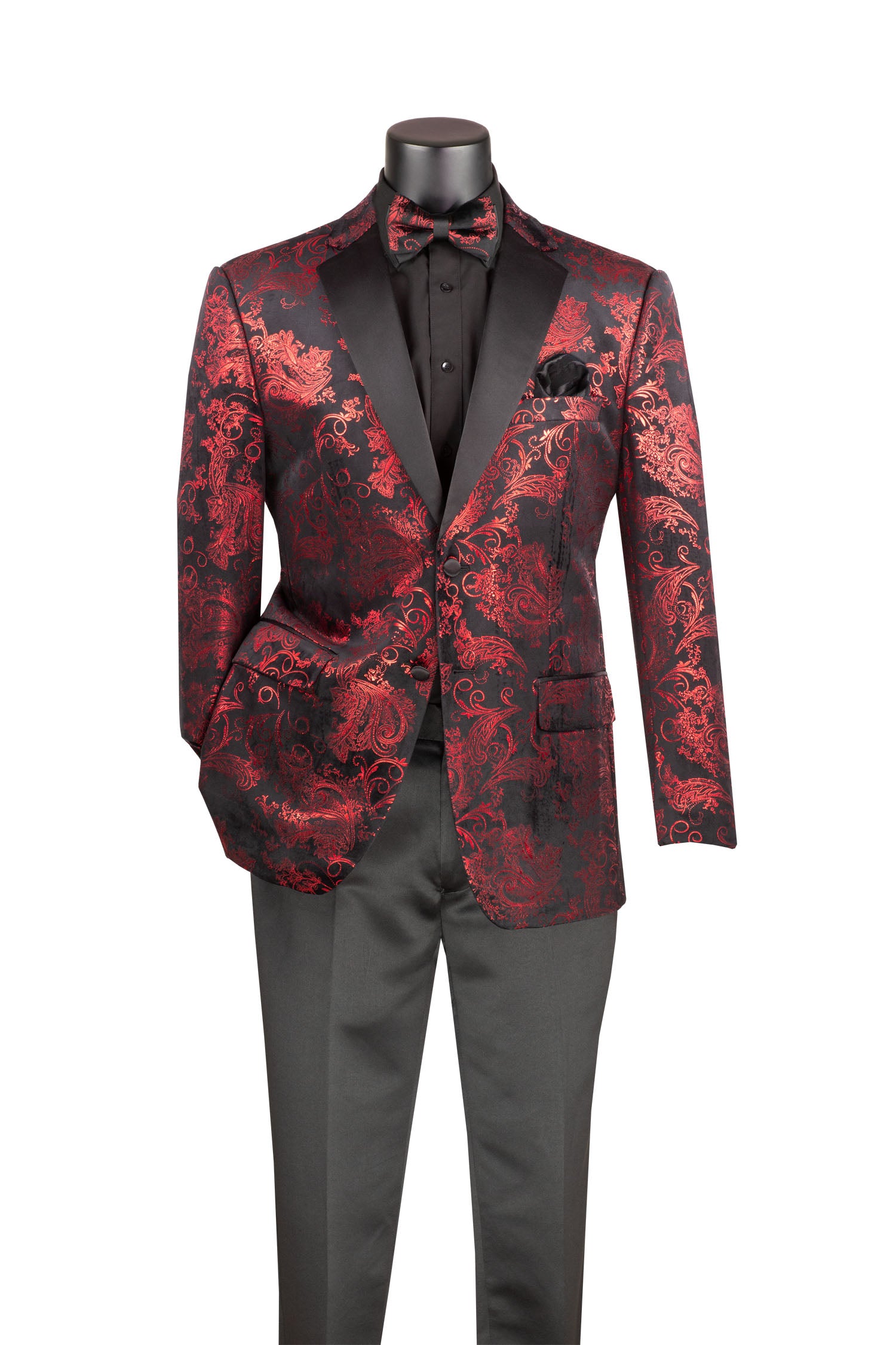 Red Modern Fit Velvet Jacket Metallic Design with Bow Tie