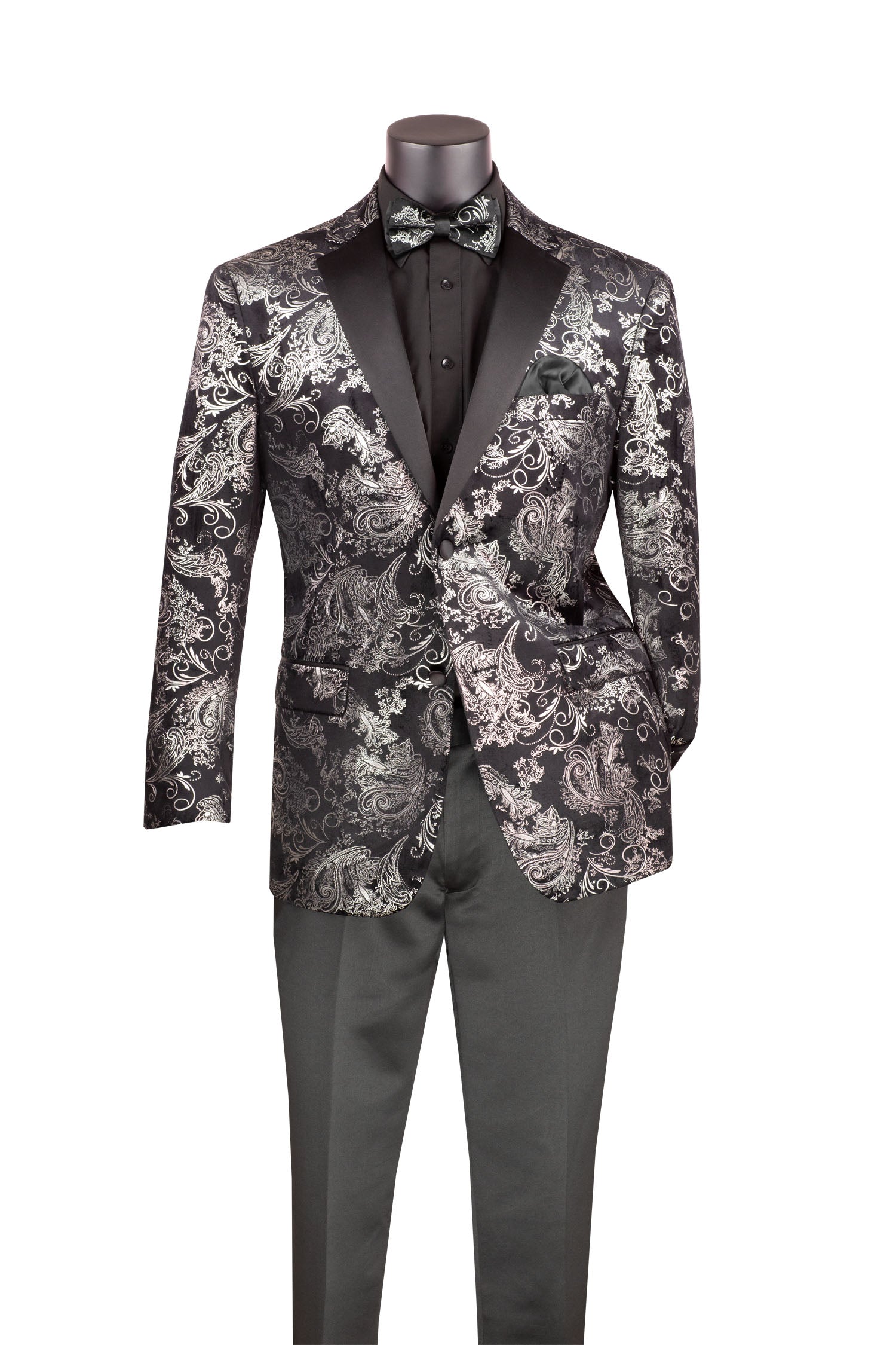 Silver Modern Fit Velvet Jacket Metallic Design with Bow Tie