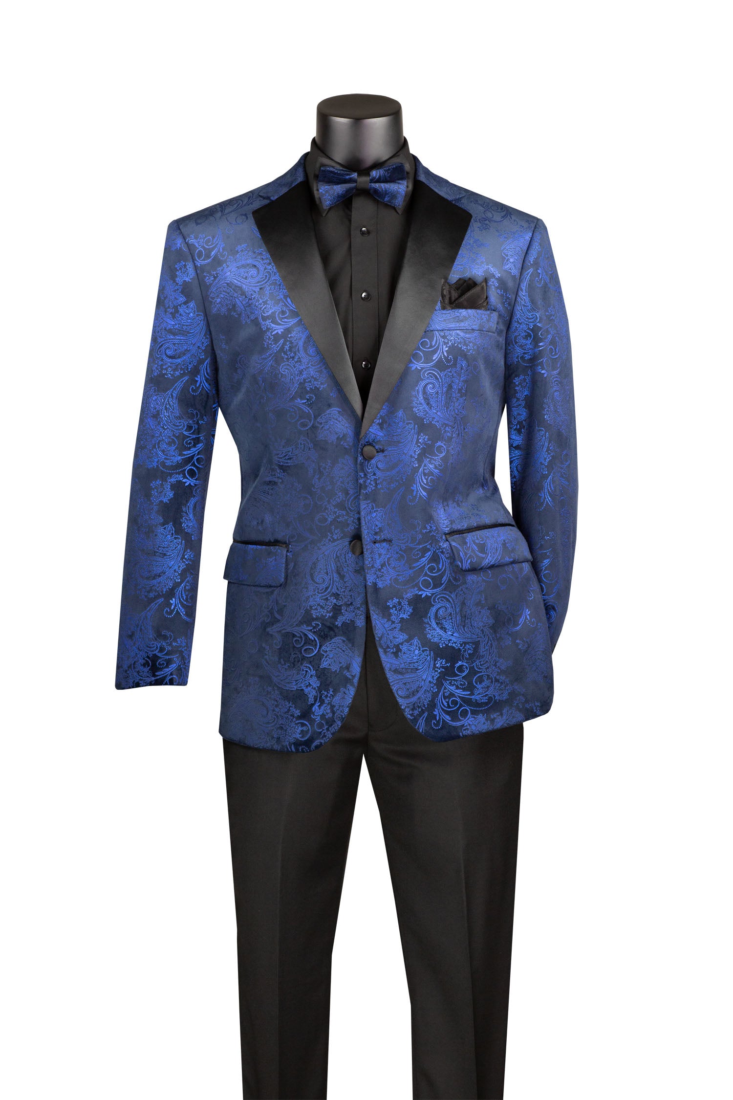 Royal Blue Modern Fit Velvet Jacket Metallic Design with Bow Tie