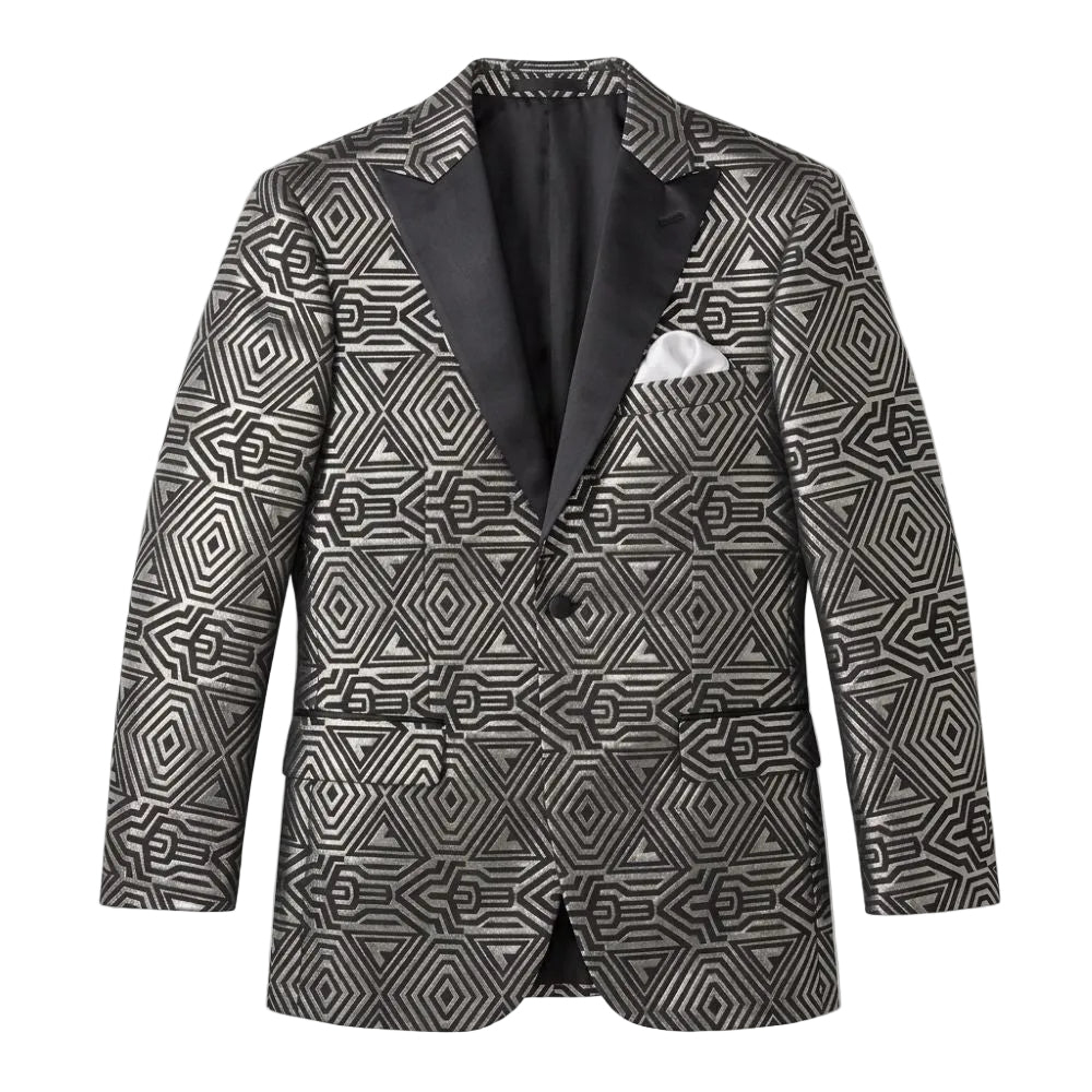 A men's single-breasted suit jacket featuring a black and gray geometric patterned fabric, paired with a solid black satin lapel and a white pocket square in the breast pocket, displayed on a clean white background.