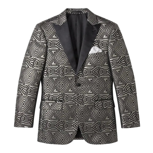 A men's single-breasted suit jacket featuring a black and gray geometric patterned fabric, paired with a solid black satin lapel and a white pocket square in the breast pocket, displayed on a clean white background.