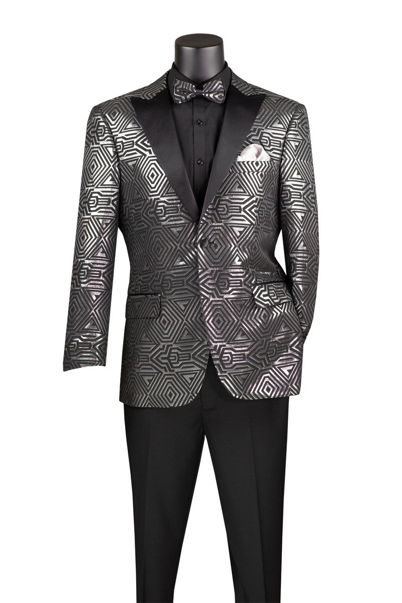 Silver Modern Fit Jacquard Jacket with Matching Bow Tie Metallic Desig ...