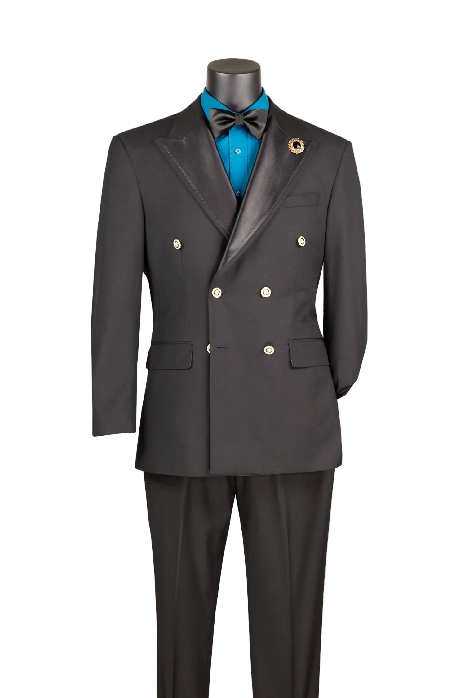 Black tuxedo with blue vest on a mannequin against a white background
