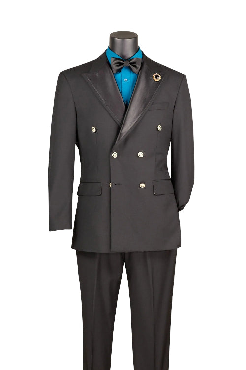 Black tuxedo with blue vest on a mannequin against a white background